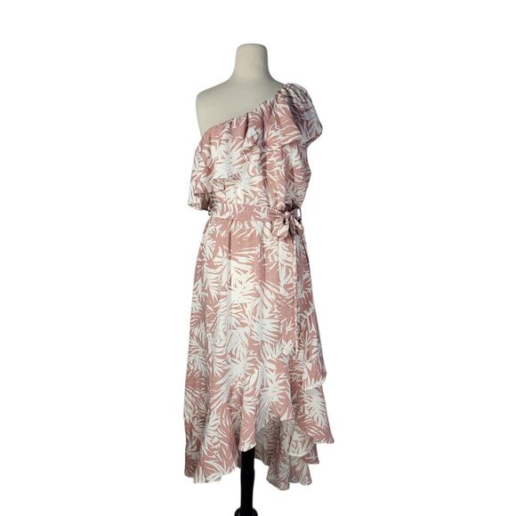 Long Tall Sally LTS One Shoulder Ruffle Floral Midi Dress US 16 Pink Party NEW - Picture 2 of 14